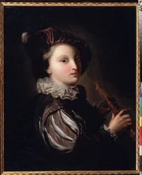 ""Mladá stránka s Mirlitonem"" (Stránka s rákosovou dýmkou) Obraz Jean Alexis Grimou (1678-1733) 18. století. Rokoko. Olej na plátně. Puškinovo muzeum v Moskvě