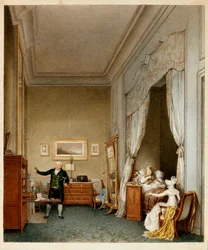 Císařovna Marie Luisa Habsbursko-Lotrinská, císařovna francouzská, ve své ložnici po narození římského králev roce 1813 (rytina)