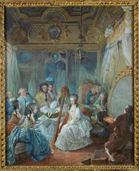 Marie Antoinetta ve svých apartmánech ve Versailles, obklopená členy svého dvora ...
