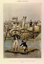 Typy a uniformy francouzské armády kapitána Julese Richarda, ilustrované Edouardem Detaillem (1848-1912): Corps de Genie; Stavba mostu fascines v roce 1887, soukromá sbírka