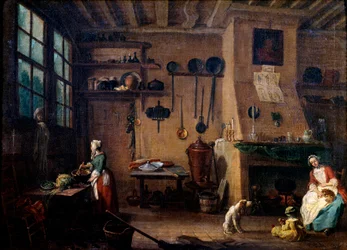 Interiér kuchyně v 18. století. Kuchařka připravuje jídlo. V pozadí vidíme kuchyňské náčiní zavěšené podél stěny. Obraz Jean-Baptista Lallemanda (1710-1803), 18. století, Dijon, Muzeum výtvarných umění