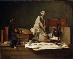 ""Zátiší s atributy umění"" (Zátiší s atributy umění) Merkurova socha zakončená petasem, malířská paleta, knihy. Obraz Jean Baptiste Simeon Chardin (1699-1779) Rozměr 112x140,5 cm Muzeum Ermitáž, Saint Petersbo