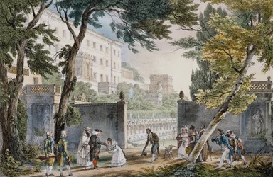 Galantní scéna u vchodu do vily v Římě, cca 1820, rytina Jean-Baptiste Thomas (1791,1833)