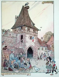 Francouzský voják vyučující francouzštinu alsaským dětem, které se znovu staly francouzskými občany, ilustrace z 