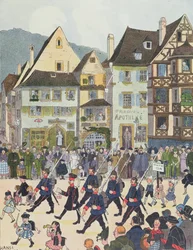 Herr Forstner opouští Saverne se svými vojáky po nákupu čokolády v roce 1913, ilustrace z „Histoire d