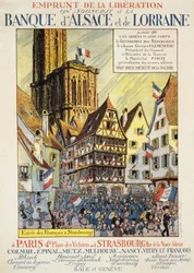 Půjčka na osvobození: Plakát, asi 1918, "Předplácíme banku Alsaska a Lotrinska".