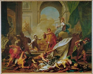 Perseus zkamení Finea a jeho společníky hlavou Medúzy.
