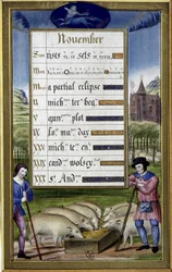 Listopad a znamení střelce: chov prasat - faksimile hodin Anny de Bretagne, Jean Bourdichon