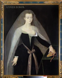 Portrét Agnes Sorel (1422-1450) (Lady z Beaute sur Marne) (Beaute-sur-Marne), oblíbenkyně krále Karla VII. (1422-1461) Její prsa jsou obnažená. Obraz podle Jeana Fouqueta 16. století, zámek Royal de Loches - Portrét Agnes Sorel (1422-1450) (paní