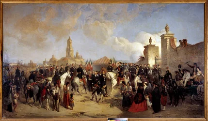 Expedice do Mexika (1861-1867): "" Vstoupil do francouzského expedičního sboru v Mexico City dne 10.06.1863, generál Forey dostává od Prefeta Azcarta klíče od města""" Obraz Jean Adolphe Beauce (1818-1875) Slunce 1868. 2,15x3,75 m .