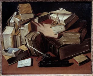 Zátiší s knihami Malba Jean Andreas Biset (1672-cca 1710). Bourg en Bresse, Musee de Breu - Zátiší s knihami. Obraz Jean Andreas Biset (1672-cca 1710). Breu Museum, Bourg en Bresse, Francie