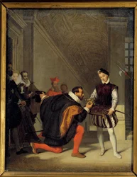 Don pedro de Toledo, velvyslanec Filipa II. líbající meč Jindřicha IV. (1553-1610). Schodiště Henri II v Louvru. Obraz Jean Auguste Dominique Ingres (1780-1867) 19. století Sun. 0,36x0,28 m - Don Pedro de Toledo, velvyslanec Filipa II.