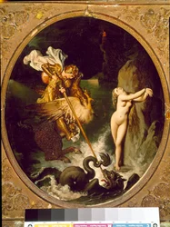 Roger delivrant Angelique Angelique (Angelica) je vysvobozena Rogerem (Ruggero, Ruggiero) jede na hrochovi - Ilustrace písně X „“ Zuřivého Rolanda“ (Orlando furioso) od Ludovica Ariosta (Ariosto) - Obraz Jean Auguste Dominique Ingres ( 178