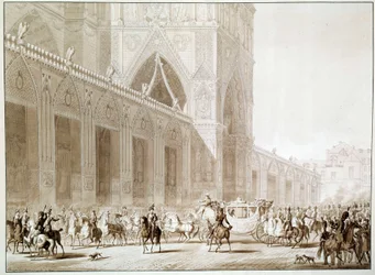 Příjezd v kočáru císaře Napoleona I. (1769-1821) a imprese Josephine de Beauharnais (1763-1814) do katedrály Notre Dame de Paris v Den posvátného tisku po „Knize posvátné“ od Jean Baptiste Isabey ( 1767-1855) 19. století