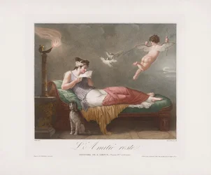 Cupid doručuje milostný dopis. 19. století (tisk)
