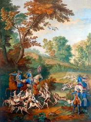 Deska znázorňující hony Ludvíka XVI. (1754-1793): „“malá kúra mladých psů aneb fórum na konci kúry““ Malba na porcelánu od Philippa Castela (asi 1746-1797) od Jeana Baptista Oudryho ( 1686-1755) 1778-1781 Ne. 0,39x0,49m