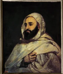 Portrét Ben Mahi Ed Din Abd El Kader (Abd El-Kader) (1808 - 1883) Emir Alžírský (v s/t 0,72 x 0,59) malba Angel Tissier (1814 - 1876) Versailles. Hradní muzeum.