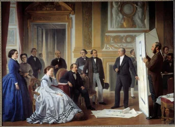 Architekt Louis Visconti (1791-1853) předkládá Napoleonovi III plán nového Louvre Obraz Ange Tissier (1814-1876) 1865, olej na plátně