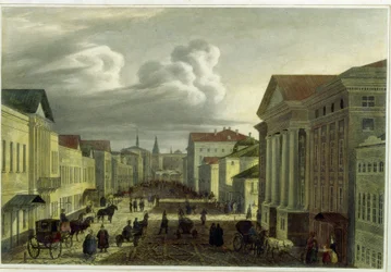 Tverská ulice v Moskvě (Tverská ulice v Moskvě). Dílo Auguste Jean Baptiste Antoine Cadolie (1782-1849), litografie, kolorování akvarelem