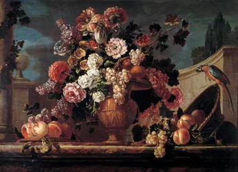 Květiny, ovoce a papoušci Obraz Jeana Blina (nebo Blaina či Belina) z Fontenay (1653-1715) Orleans z 18. století. Muzeum výtvarných umění