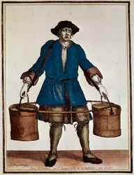 Nosič vody, barevná rytina Henri Bonnart (1642-1711) a Jean Baptiste Bonnart (1654-1726), z Recueil des modes de la cour de France