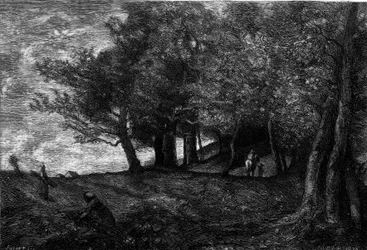 Bucherons (1870-1871). Rytina podle obrazu Jean Baptiste Camille Corot (1796-1875) v „The Illustrous World““ n°1209 z 29. května