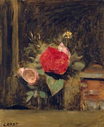 Kytice květin ve sklenici vedle hrnce na tabák, c.1873-74