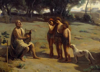 Detail obrazu „Homér a pastýři““. Řecký básník na ostrově Pathmos a tři mladí chlapci. Obraz Camille Corot (1796-1875) 1845 Ne. 0,8x1,3 m Saint Lo, Musee des Beaux Arts