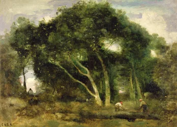 Fontainebleau: Leaning Oaks in a Forest Clearing, cca 1830-40 (olej na plátně)