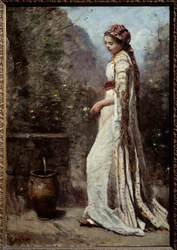 Řecká dívka má fontánu. Obraz Camille Corot (1796-1875)
