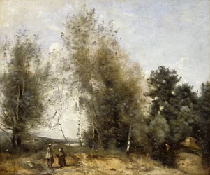 Skupina stromů na okraji rybníka se třemi rolníky; Skupina stromů na okraji rybníka, se třemi selskými dívkami, cca 1865-1870