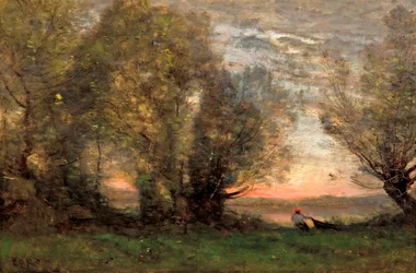 "Rybář, večerní efekt" (Rybář, večerní efekt) Obraz Jean-Baptiste Camille Corot (1796-1875) - cca 1860-1870 - Olej na plátně Rozměr 27,7x41,4 cm Galerie umění Jižní Austrálie