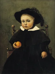 Malíř Adolphe Desbrochers (1841-1902) jako dítě, držící pomeranč, 1845