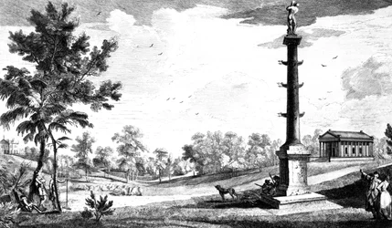 Pohled z památníku kapitána Grenvilla na řecký chrám, Stowe House Gardens, vyryl George Bickham, 1753