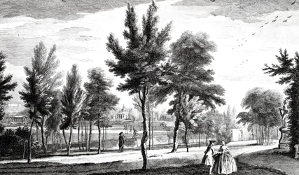 Pohled na Elysian Fields z Spring of Helicon, Stowe House Gardens, vyryl George Bickham, 1753