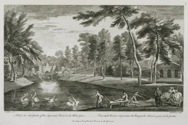 Pohled do jeskyně Serpentine River v Alder Grove ve Stowe, 1753, vyryl George Bickham