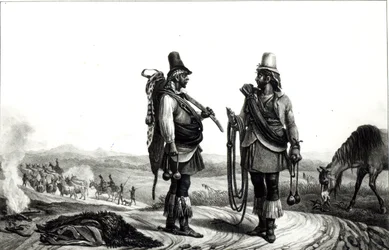 Indiáni Charrua z „Voyage Pittoresque et Historique au Bresil“, vyryto C. Mottem