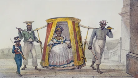 Přeprava bílého dítěte ke křtu v kostele, z „Voyage Pittoresque et Historique au Bresil“, vyryl Thierry Freres, 1839