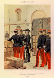 Typy a uniformy francouzské armády kapitána Julese Richarda, ilustrované Edouardem Detaillem (1848-1912): Kontrolor správy, zástupce vojenského inspektora a administrativních úředníků v roce 1887, soukromá sbírka