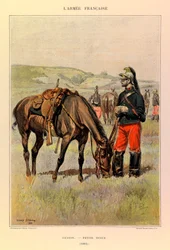 Typy a uniformy francouzské armády kapitána Julese Richarda, ilustrované Edouardem Detaillem (1848-1912): Drak v malém oblečení v roce 1885, soukromá sbírka