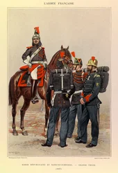 Typy a uniformy francouzské armády kapitána Julese Richarda, ilustrované Edouardem Detaillem (1848-1912): Republikánští gardisté a hasiči ve skvělém oblečení v roce 1887, soukromá sbírka