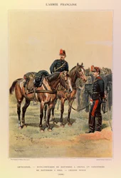 Typy a uniformy francouzské armády kapitána Julese Richarda, ilustroval Edouard Detaille (1848-1912): Dělostřelectvo: Poddůstojníci baterií na koních a dělostřelci baterií pěšky ve velkém oděvu v roce 1886, soukromá sbírka