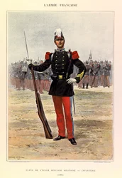 Typy a uniformy francouzské armády kapitána Julese Richarda, ilustroval Edouard Detaille (1848-1912): Žák zvláštní vojenské školy: pěchota v roce 1885, Soukromá sbírka