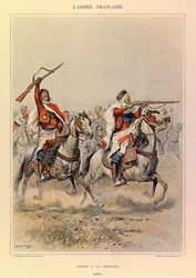 Typy a uniformy francouzské armády kapitána Julese Richarda, ilustrované Edouardem Detaillem (1848-1912): Spahis a la Fantasia v roce 1886, soukromá sbírka