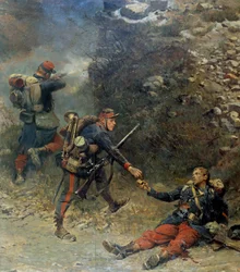 Válka roku 1870: „“Dno giberny““ Zraněný pěšák dává své poslední projektily svému společníkovi během bitvy u Champigny (11. 11. 1870). Detail obrazu od Jean-Baptiste-Edouard Detaille (1848-1912) a Alphonse de Neuville (Deneuvi
