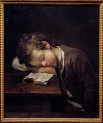 Malý lenoch. Portrét mladého chlapce, který usnul nad svou knihou. Obraz Jean Baptiste Greuze (1725-1805)