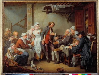 Obecní souhlas Otec nevěsty dává dote svému zetě. Obraz Jean Baptiste Greuze (1725-1805). 1761 ne. 0,92 x 1,17 m.