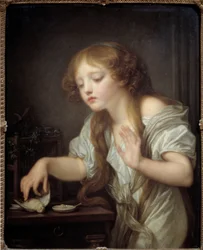 Mladá dívka váhající dotknout se ptáka ze strachu, že je mrtvý, aneb mrtvý pták. Obraz Jean Baptiste Greuze (1725-1805), 1800. Sun. 0,68 x 0,55 m