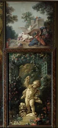 Dveřní panel ryteckého salonu Gilles Demarteau (1722-1776): Oběť na oltáři Lásky a Lásky s hrozny. Studie Jean Baptiste Huet (1745-1811) Paříž 18. století, Musee Carnavalet