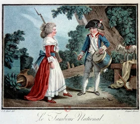 Francouzská revoluce: „Národní buben“ Dvě malé děti převlečené za revolucionáře. Litografie od Jeana Baptisty Hueta (1745-1811), 18. století, Paříž, Muzeum dekorativního umění